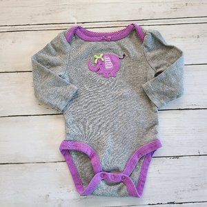 ♡ 5/$20 - Circle Girl's Gray Purple Elephant Long Sleeve Bodysuit 0-3mo.